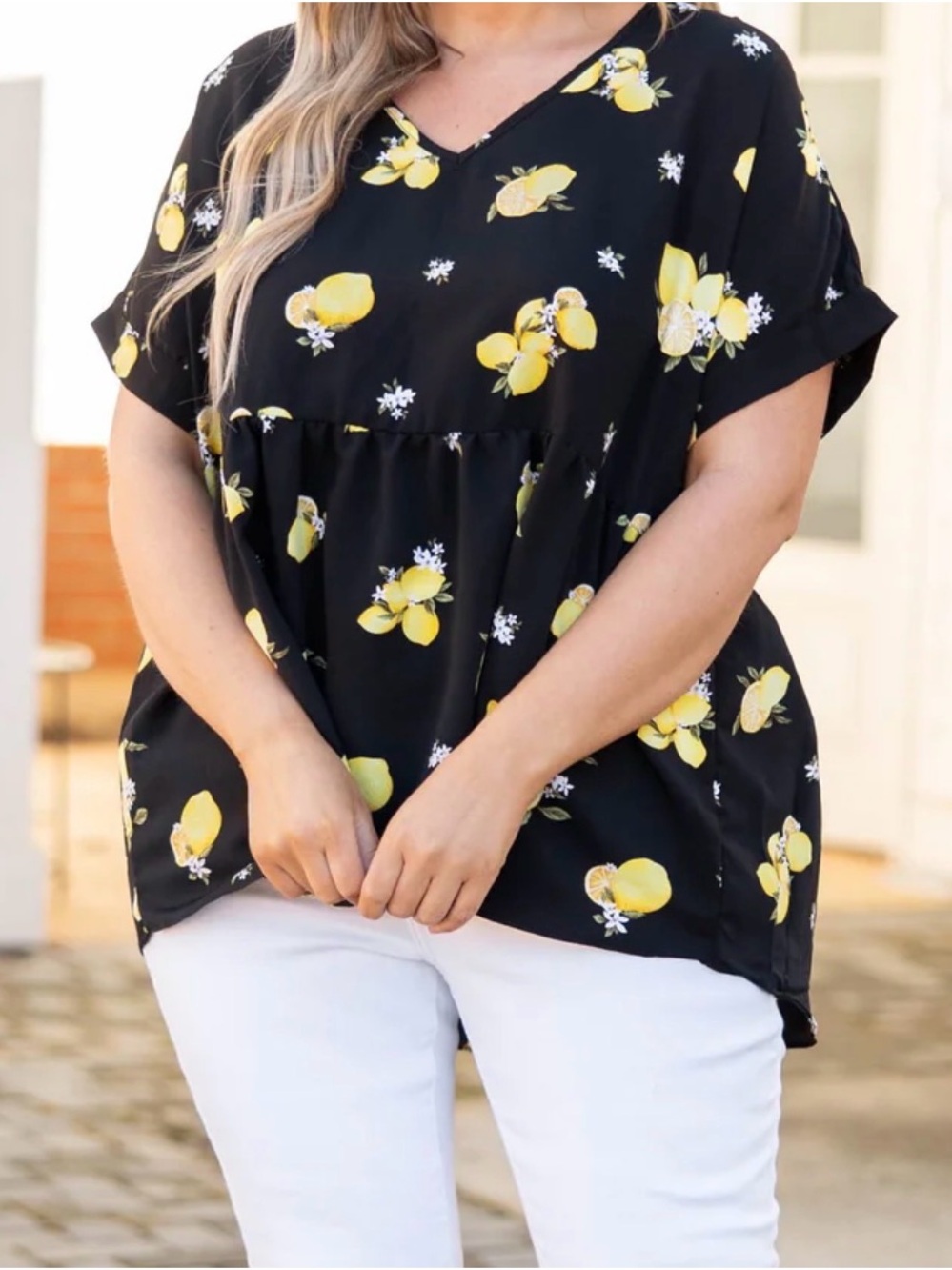 Women’s Black Lemon Print V-Neck Babydoll Top